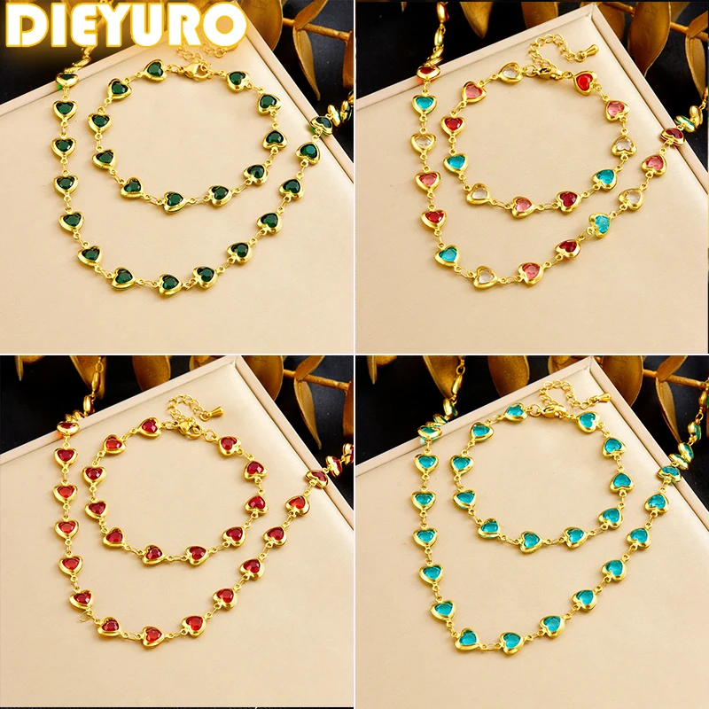 

DIEYURO 316L Stainless Steell Colour Heart Rhinestones Necklace Earrings Set For Women New Trend Waterproof Jewelry Gift Sets