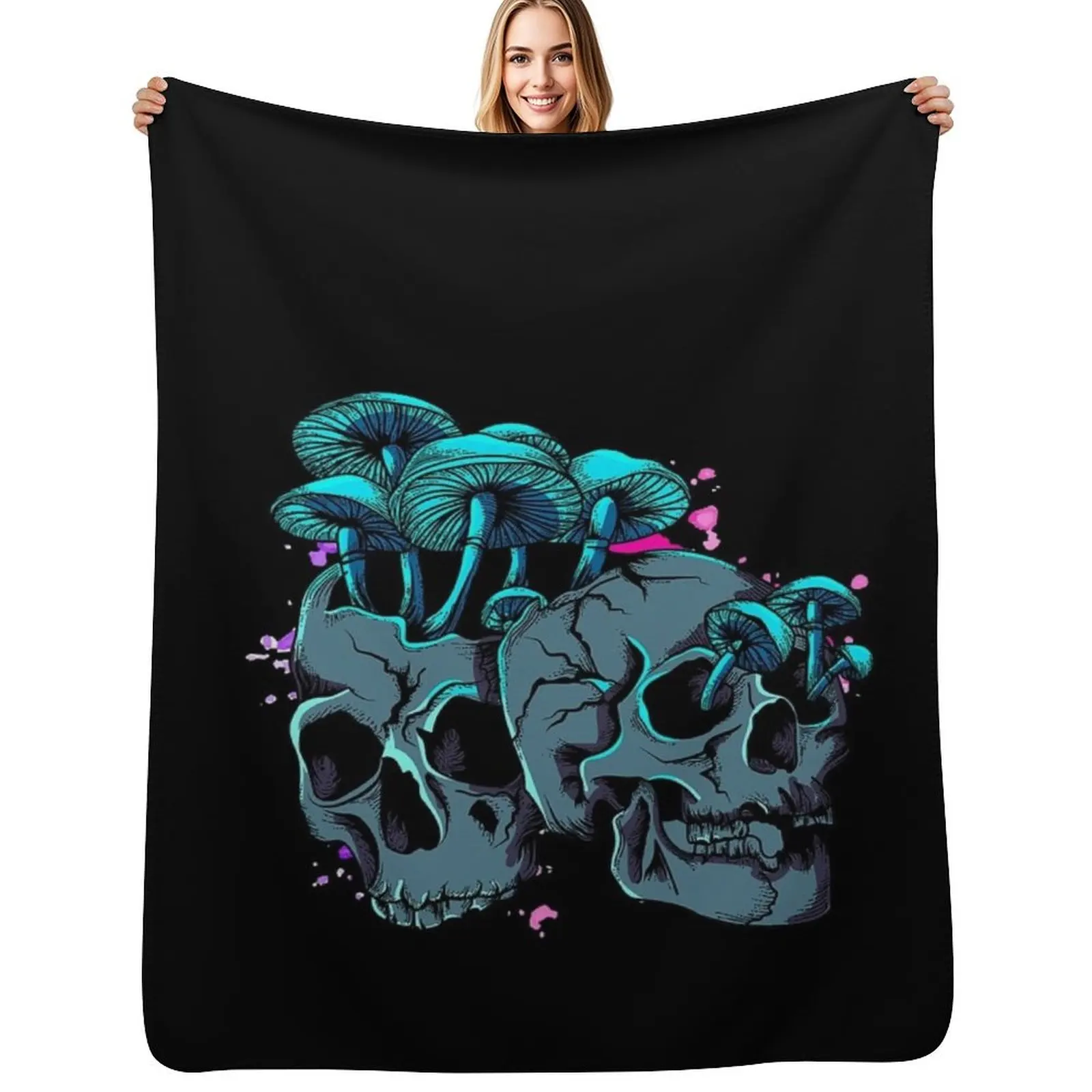Funny Skeleton & Mushroom Mycologists Halloween Costume Day Throw Blanket Cozy Napping Blanket Gift for Mom Dad