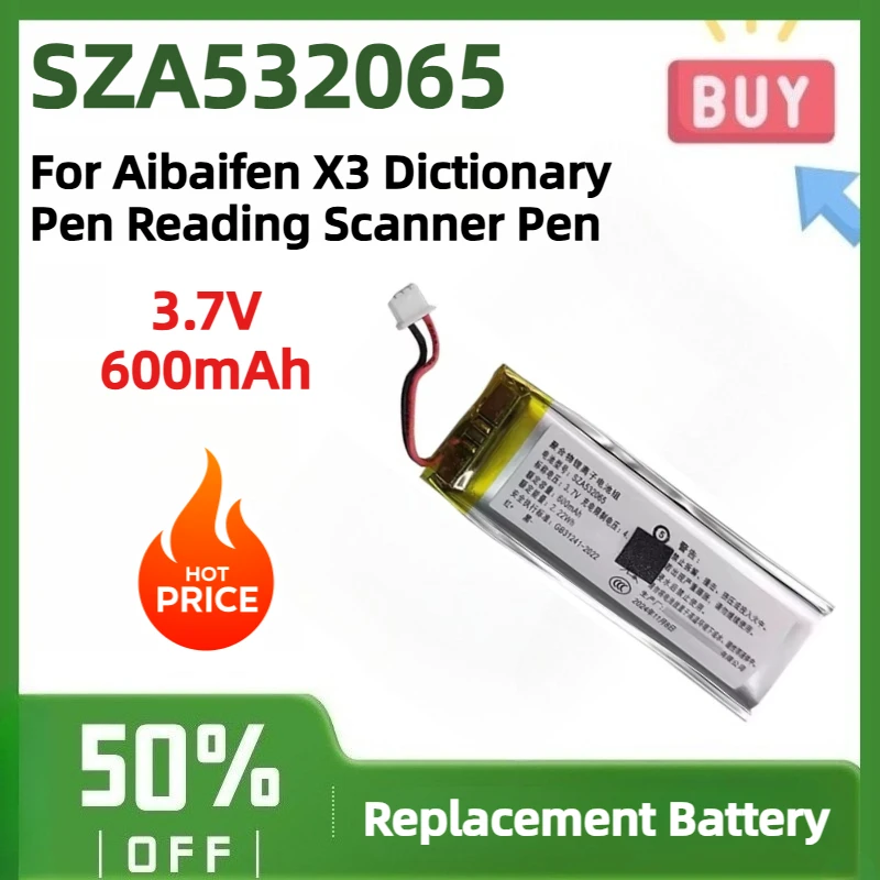 SZA532065 3.7V 600mAh Rechargeable Li‑Polymer Battery for Aibaifen X3 Dictionary Pen Reading Scanner Pen Replacement Battery