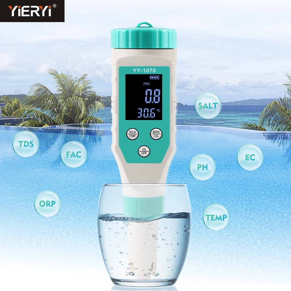 7 in 1 PH/Free Chlorine/ORP/EC/TDS/Salinity/Temp Water Quality Analyzer CL pH Meter Pool Salt Tester for Aquarium Aquaculture