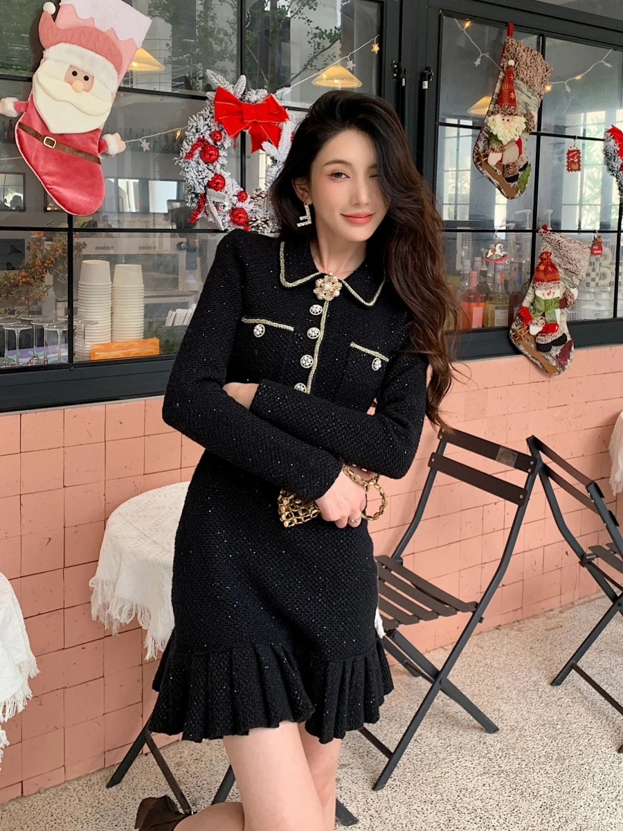 Sukienka z dzianiny bouclé w stylu luksusowym, inspirowana parizyjskim stylem, mini sukienka z kołnierzykiem w szpic, elegancka sukienka damska z krótkim rękawem na jesień i zimę 2025.