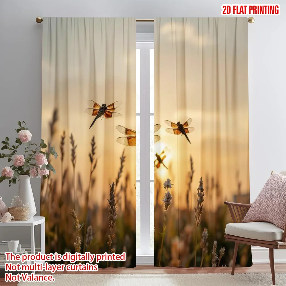 

2D flat printing 2pcs Scene Curtains Dragonflies at Sunset Digital Printed Polyester Drapes Party Decorations Use for All Season
