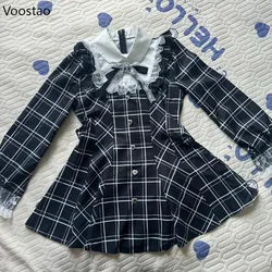 Gothic Y2k Lolita Style Plaid Dress Women Vintage Elegant Lace Ruffles Patchwork Bow Slim Bandage Dresses Female Fashion Dress