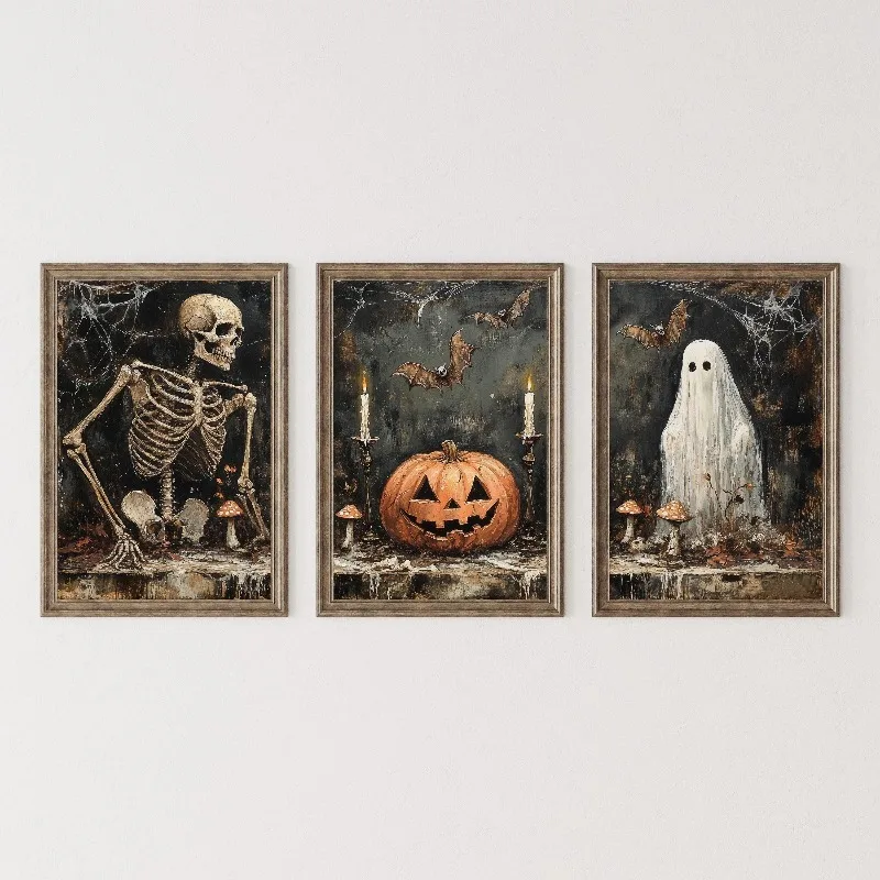 3pcs frameless Canvas Painting Halloween Poster Print, Retro Gothic Style, Skull Pumpkin Lanterns, Ghost Spider Webs, Suitable f