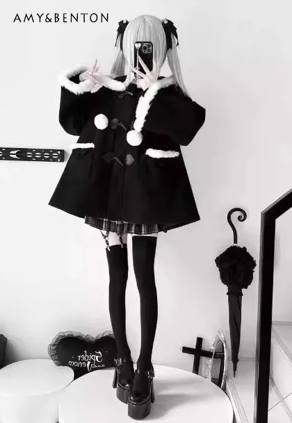 

2025 Autumn Winter Japanese Gothic Dark Style Women's Hooded Plush Cloak Cute Subculture Versatile Woolen Coat