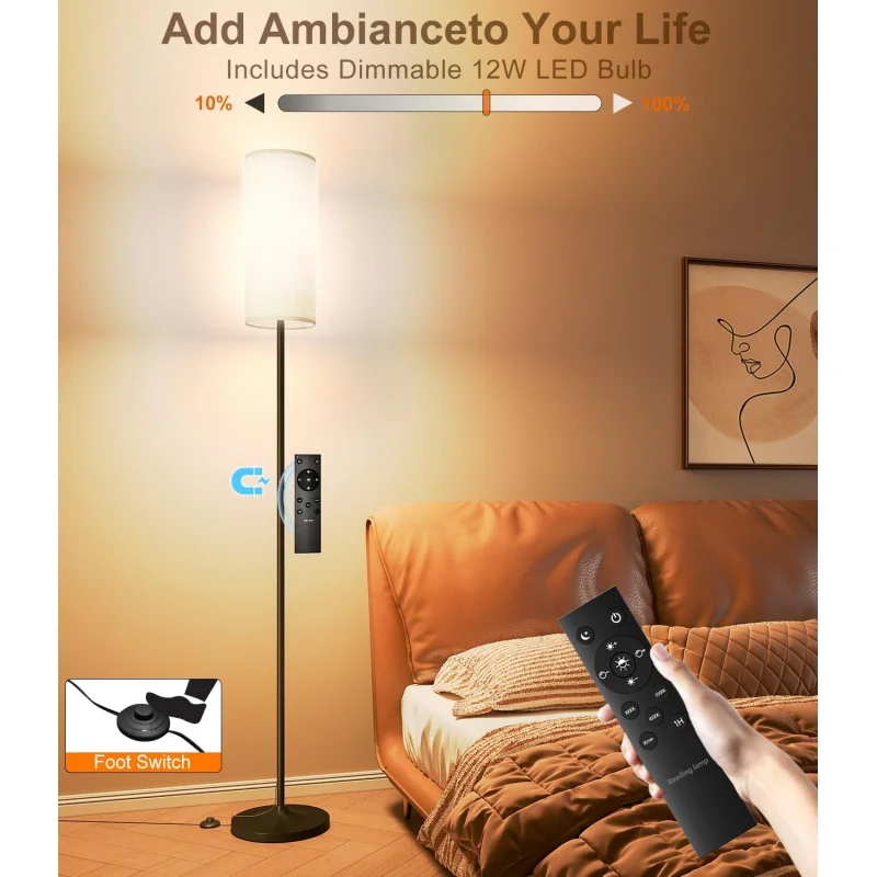 Dimmable Floor Standing Tall Lamp, 12W Led Bulb with Lampshade, Foot Switch, Remote Custom Color Temperature Pole for Bedroom