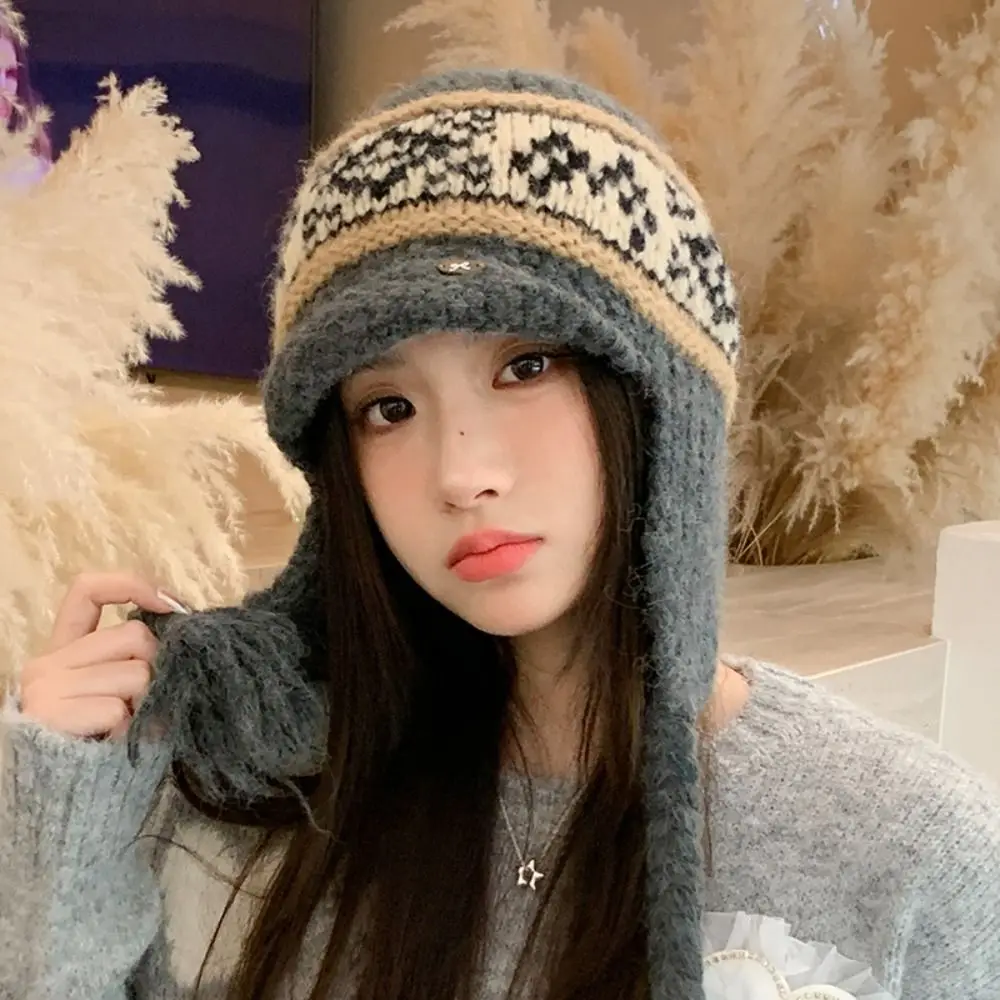 Koreanischer Stil, Fair-Isle-Mütze mit Ohrenklappen, Quasten, Ohrenschutz, Jacquard-Strickmütze, warme, kältebeständige Mütze, Bekleidungszubehör. – Detail 4
