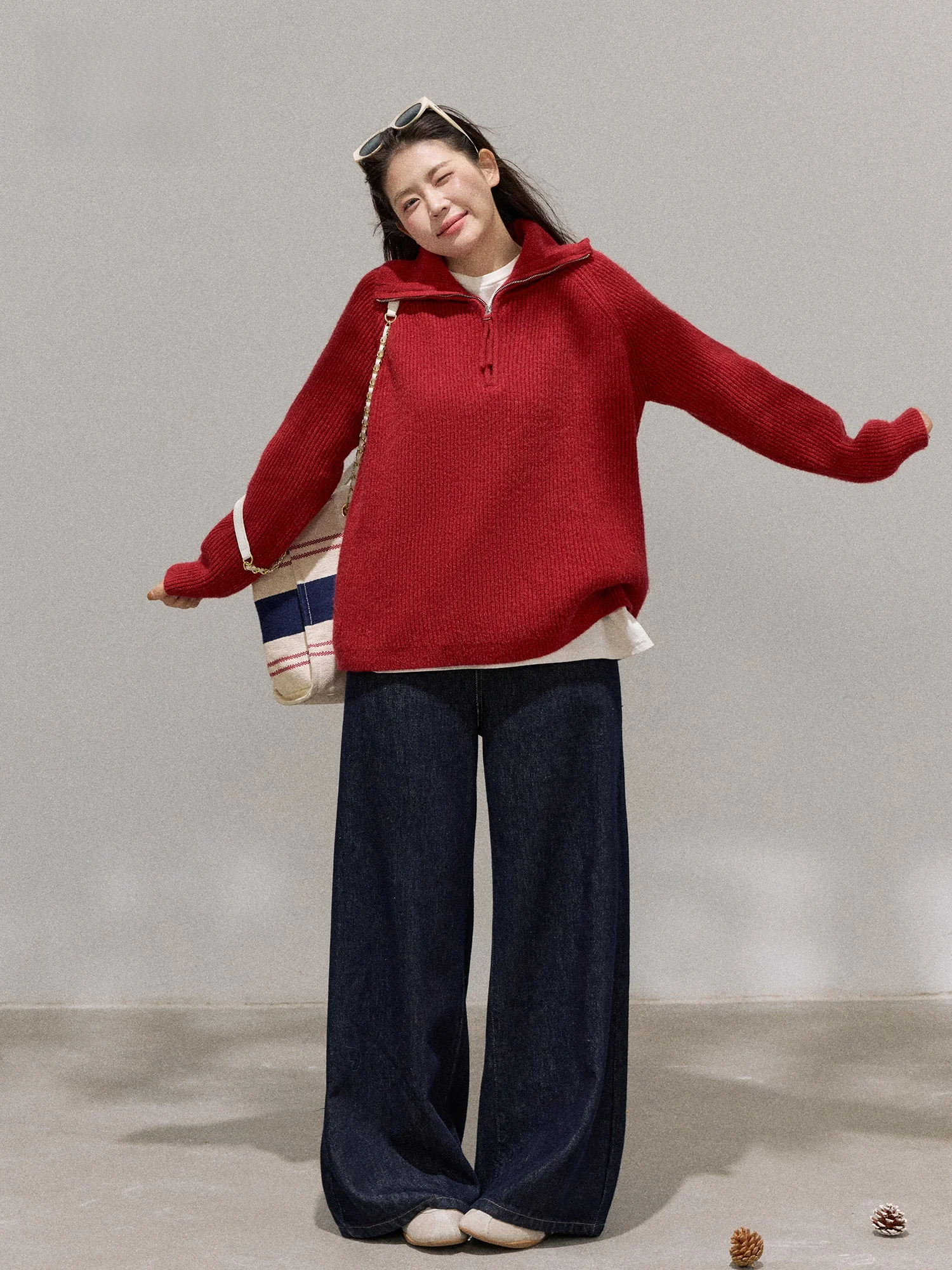 

Красный свитер Jaet, верхняя одежда, джинсовый комплект с высокой талией, повседневный комплект больших размеров, женская модная корейская версия, ансамбль для поездок на работу