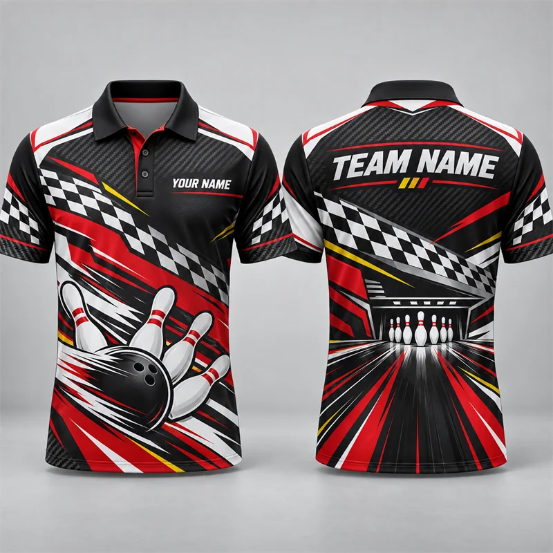 Custom Bowling Polo Shirt Personalized Name Team Name Retro Graphic Short Sleeve Jersey League Tournament Sports Team Uniform