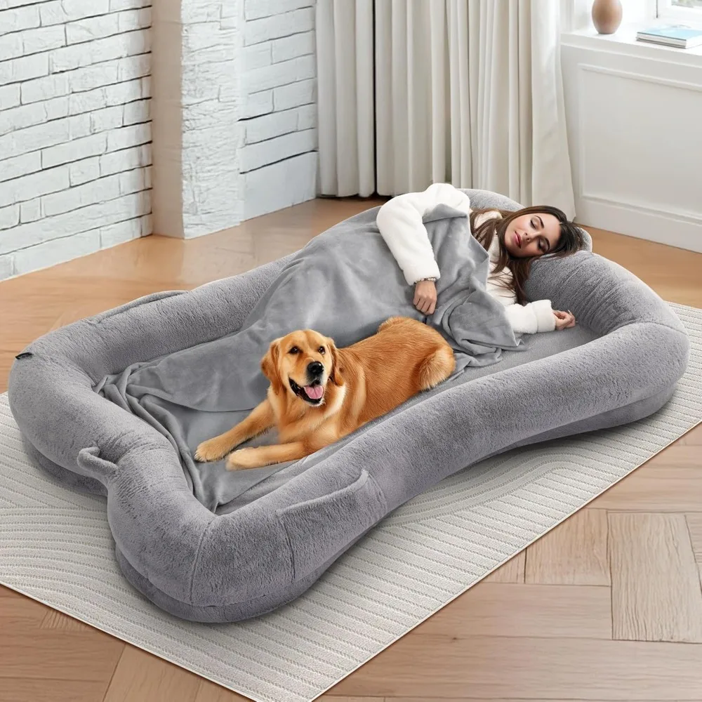 

Human Dog Bed, 72"×48"×10" Human Dog Beds with Blanket and Side Pocket, Extra Large Human Dog Bed