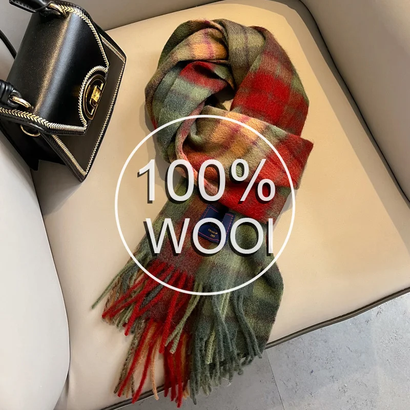 

2025 женский шарф из 100% шерсти, роскошный клетчатый кашемировый носовой платок, теплая зимняя женская шаль, парео, мягкий Bufanda, британский корейский