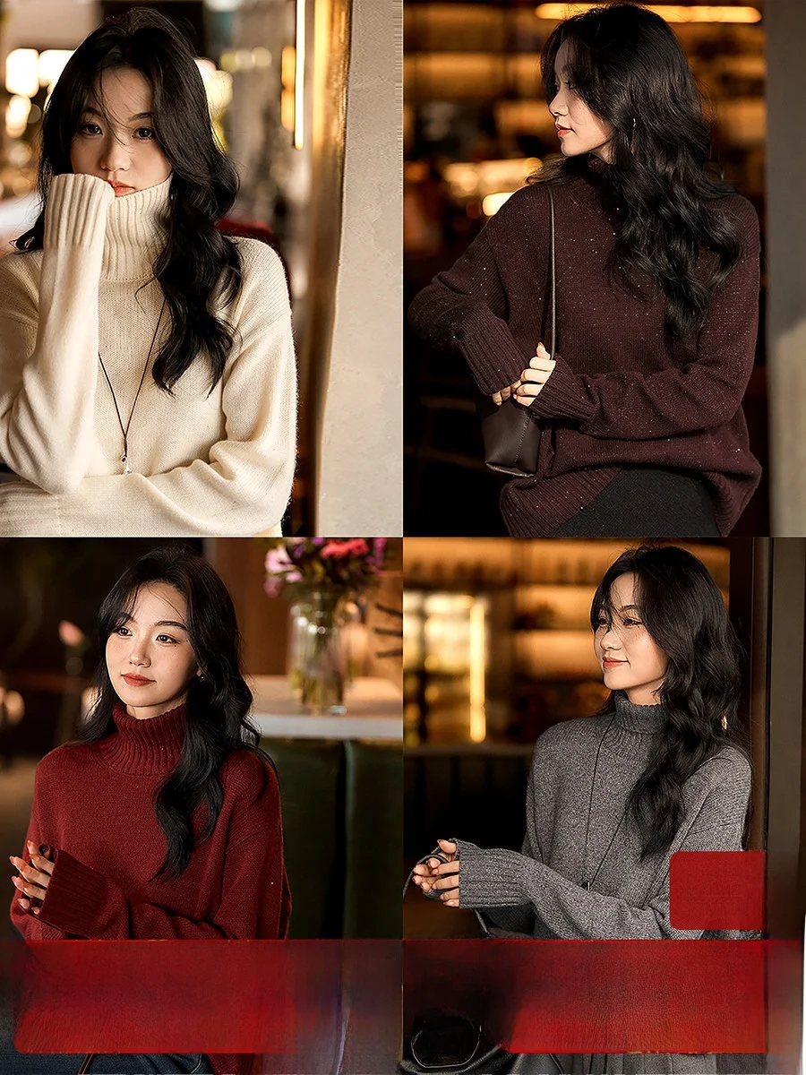 

Женский вязаный свитер Xhange Lazy Relaxing Crt из шерсти с блестящими бусинами, высоким воротником, повседневный, комфортный, теплый, зимний топ