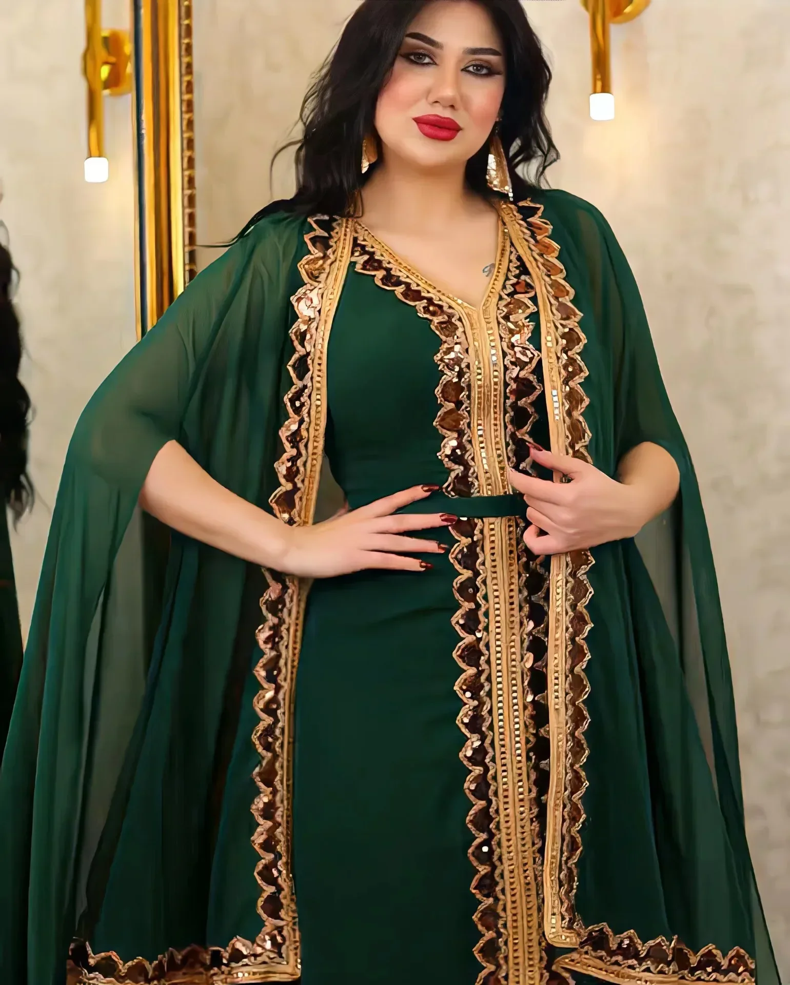 Chiffon 2 Piece Abaya Set Muslim Mesh Cape Dress Chic Solid Sequins Elegant Dubai Robe  modest two piece women  طقم صلاه نساء