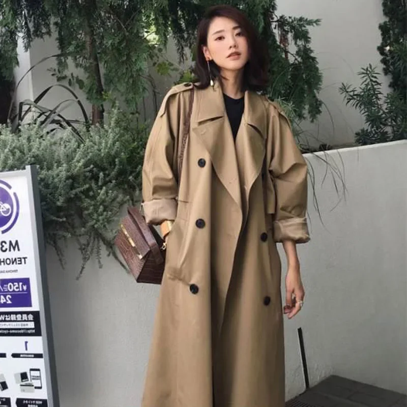 

Women Long Trench Coats Turn Down Collar Casual Loose Full Sleeve Lace Up Belt Single Breasted Long Jackets Coats Autumn Elegant