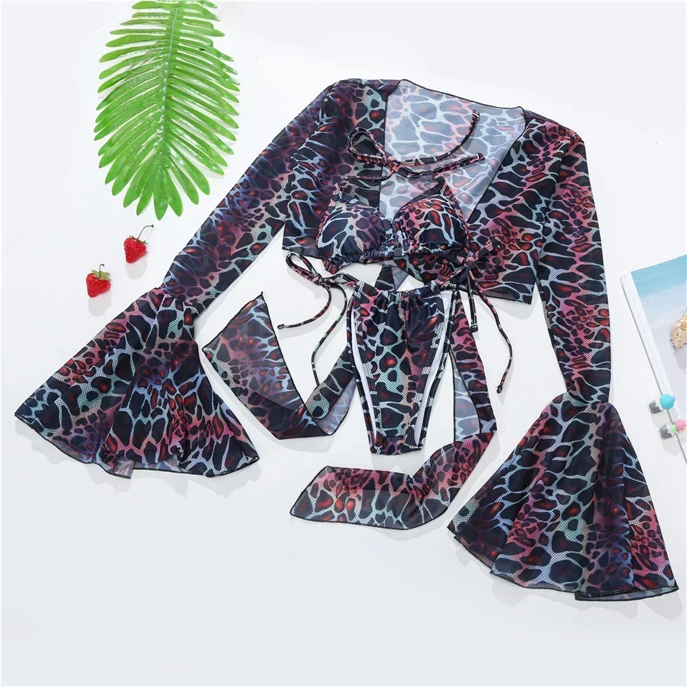Flare Sleeve Cover Up Bandage Extreme String Bikini Tanga Micro Swimsuit Y2K Print Beach Outfits Women 3-Piece Vacation Swimwear