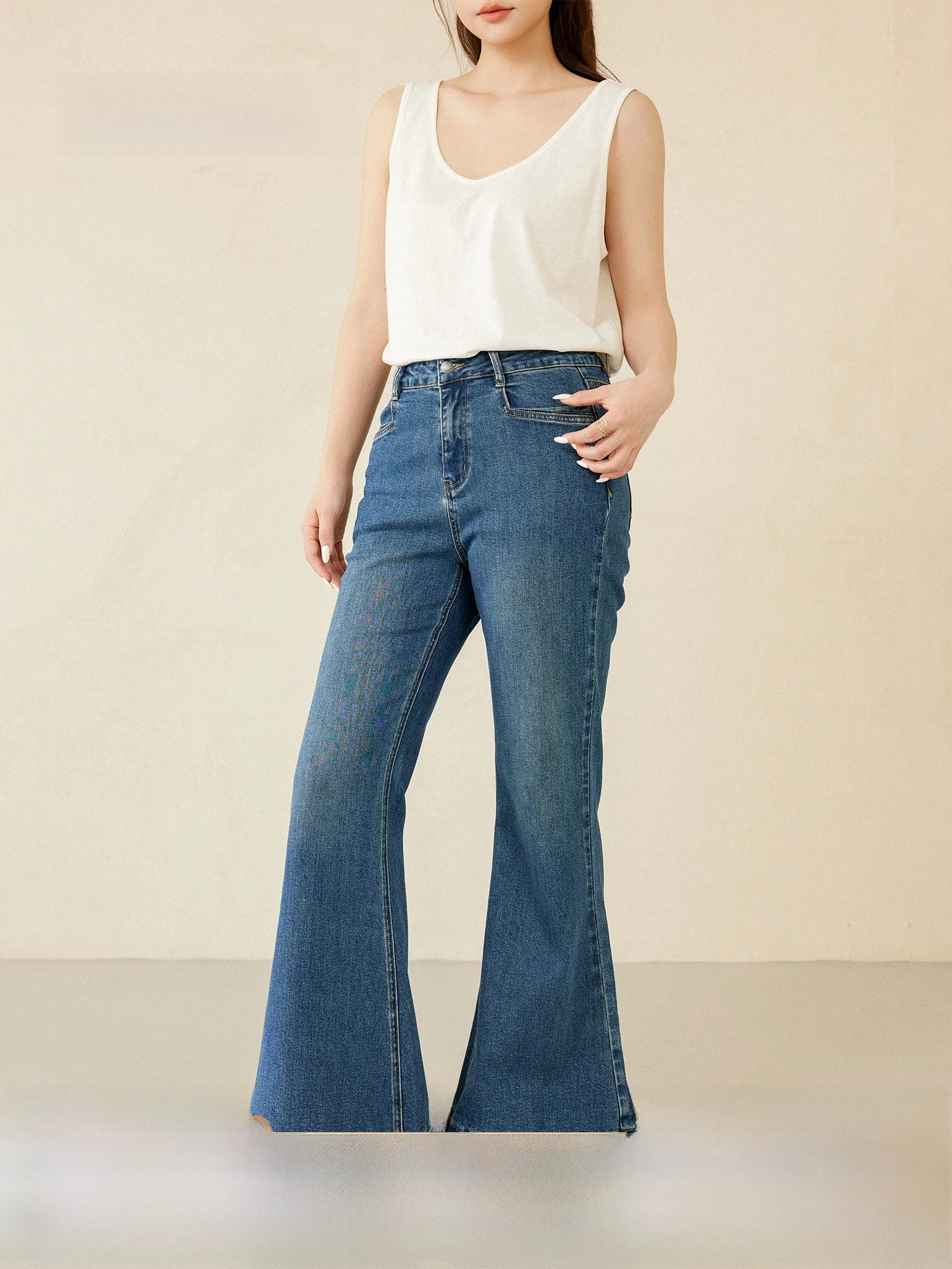 

Джинсы-клеш Plusmall в винтажном стиле с эффектом потертости, женские, больших размеров, мягкие на ощупь, с эффектом выцветания, повседневные брюки