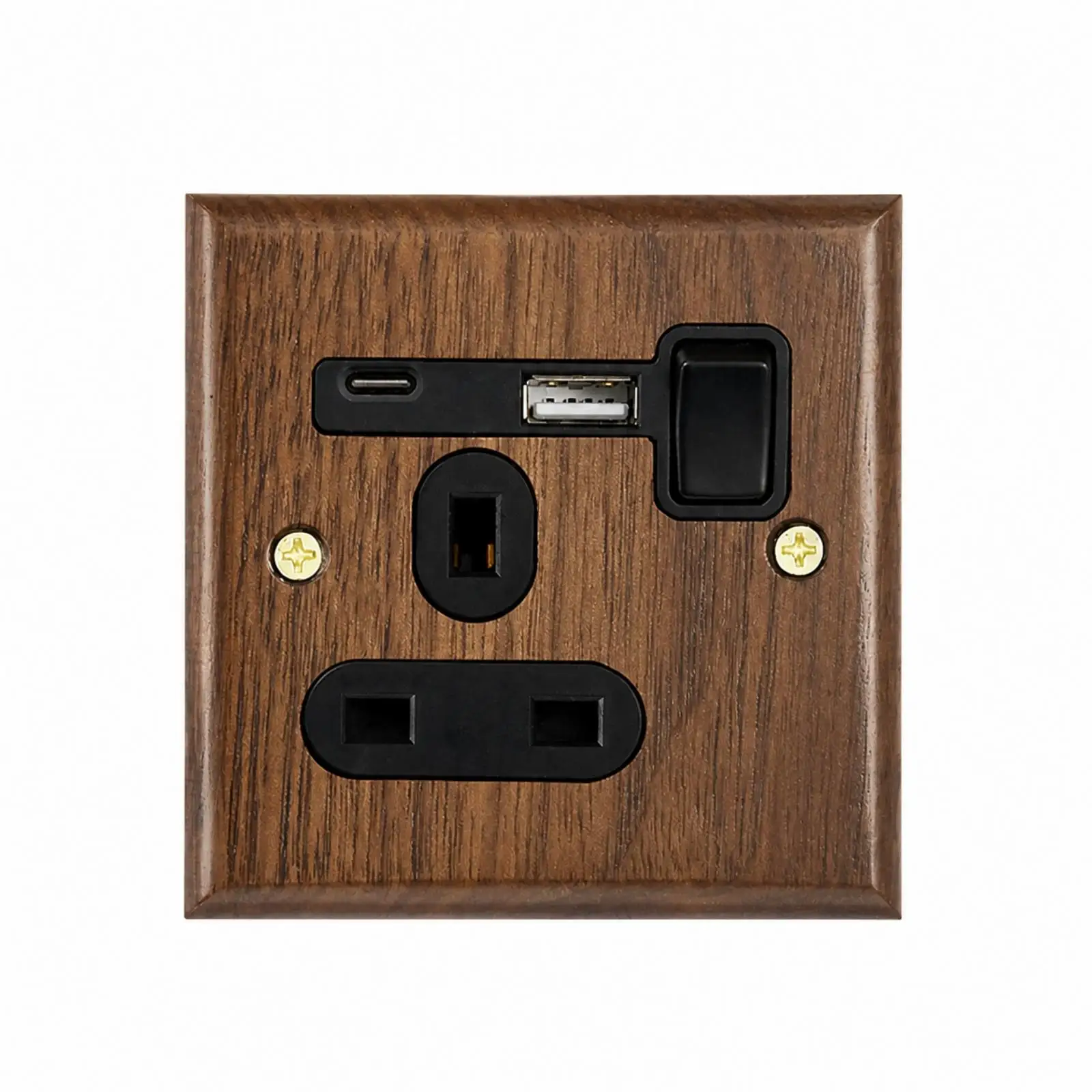 Retro Woodgrain Usb Wall Outlet Panel with Built in Charger for Smartphones and Home Power Hub
