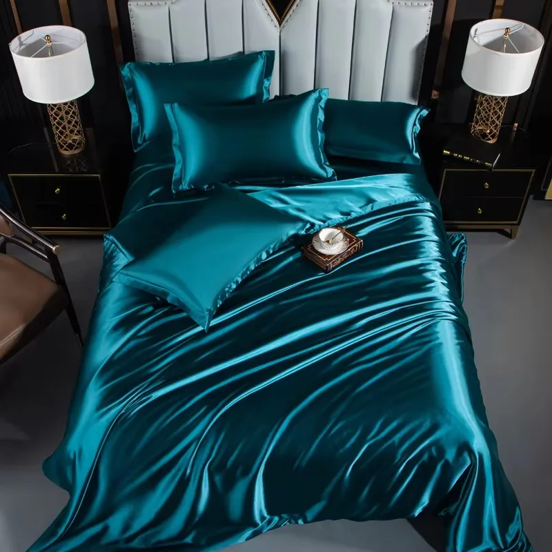 Luxury 100% Pure Mulberry Silk Bedding Set Double Solid Silk Polyester Satin Purple Baby Bed Sheet Simple 4-piece  Bedding Set
