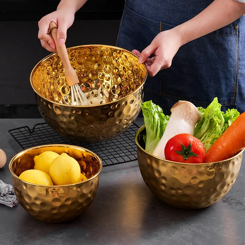 Stainless Steel Hammered Salad Bowl Deepened Beat Egg Basin Thickened Fruit Bowls Mixing Bowl Kitchen Tableware