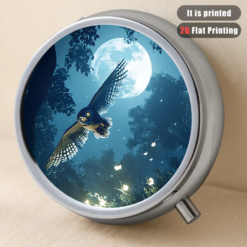 Owl 151 Printed Round Multi-Functional Metal Box, Compact and Lightweight with 3 Compartments, Suitable for Outdoor Exercise, Vitamin Storage, and Organization, Small Gift Collection Box, Printed Position May Vary