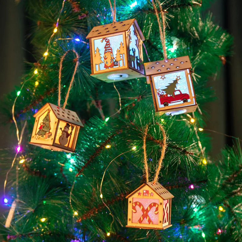 Casa de Navidad DIY, decoración de casa hecha a mano, adornos de cabina de madera brillantes, árbol de Navidad, muñeco de nieve, juguetes para niños