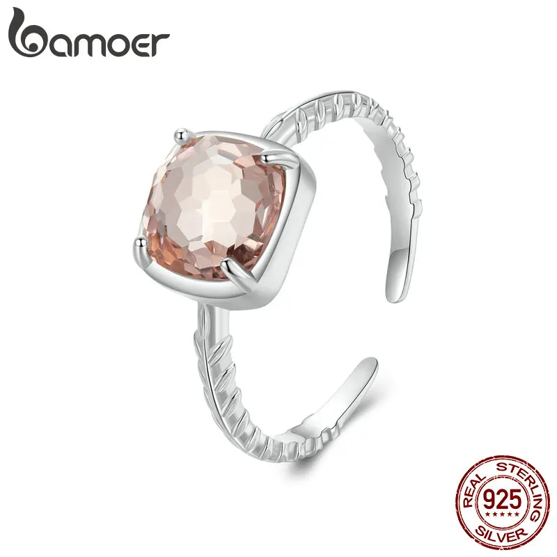 BAMOER 925 Sterling Silver Solitaire Engagement Rings for Women, White Gold Plated Orange Autumn Statement Ring BSR598