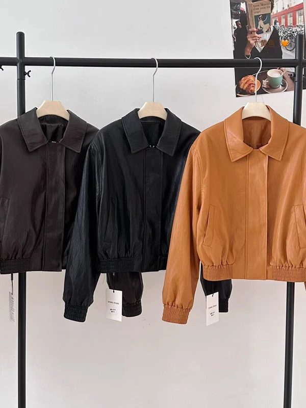 Black Lapel PU Leather Jacket Women's Loose Motorcycle Style Zipper Short Coat Spring New Arrival Commute Fashion
