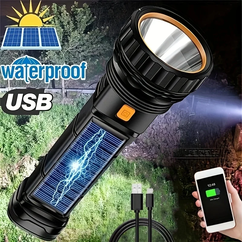 

1pc LED Solar Tactical Flashlight With COB 1200mah, Rechargeable Battery Waterproof Outdoor Camping Emergency Light