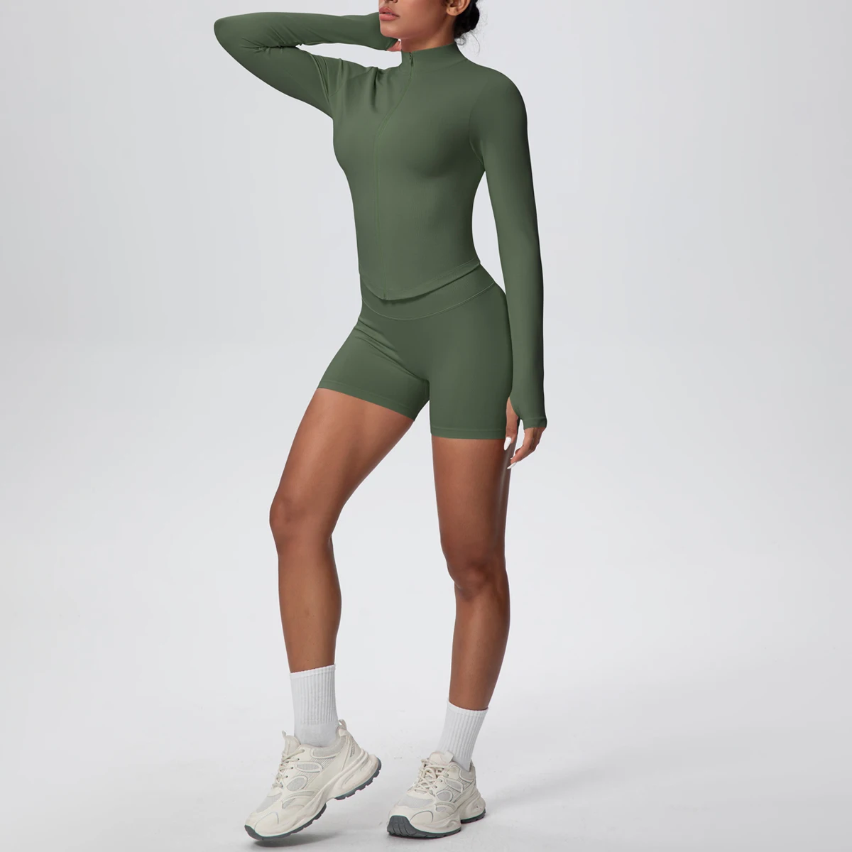 

Женский спортивный комплект для йоги в тренажерном зале, комплект из 2 предметов, высокая шея, молния для йоги, длинные рукава, быстросохнущие персиковые ягодицы, шорты для фитнеса, вязаный комплект для йоги