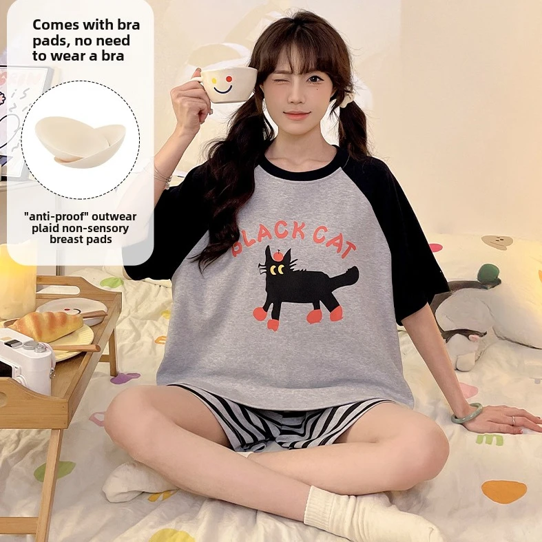 

Summer cute cartoon Pajamas Set for Women korean Short Sleeve T Shirt+Shorts Sleepwear Female Casual loose thin Pyjamas Homewear