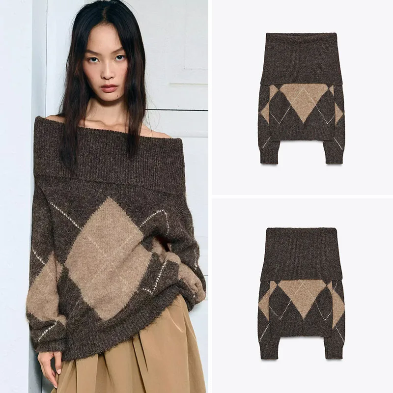 New Autumn Women's Knitted Long Sleeve Straight Tube Shoulder Bared Diamond Pattern Casual Style Fashionable Girl's Top