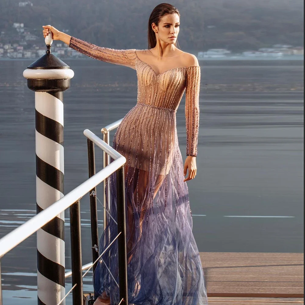 فساتين سهرة Luxury Dubai Mermaid Evening Dress Arabic Long Sleeves See Through Wedding Dress Party Prom Gowns Customized