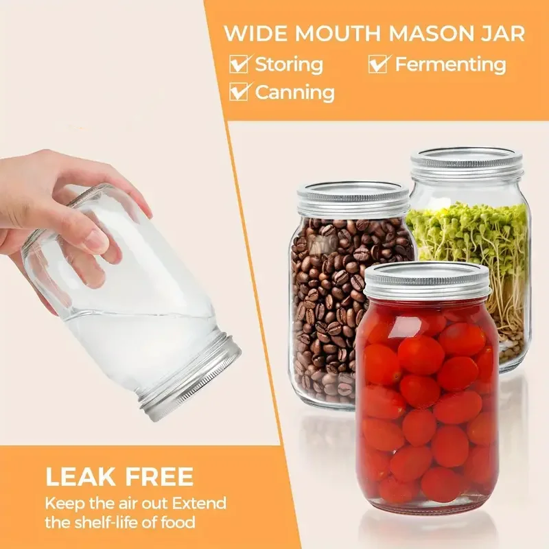 6 قطع، 12 قطعة، 500 مل/16 أونصة، جرة ميسون زجاجية، جرة تخزين زجاجية، حاوية تخزين المطبخ، حاوية جرة زجاجية محكمة الغلق، جرة مخلل، غطاء عادي، مناسبة لملابس السلطة والعسل والدش/هدية الزفاف