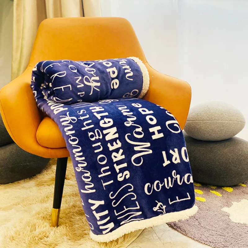 Letter Printed Flannel Double-Layer Blanket Thick and Warm Lamb Plush Bed Sheet Multi-Purpose Sofa Cover for Office Napping
