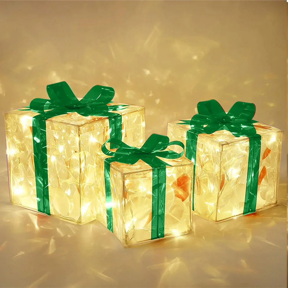 3 Set Christmas Decorations Lighted Gift Boxes Tinsel Present Box with Bowtie for Yard and Home Ornament Decor