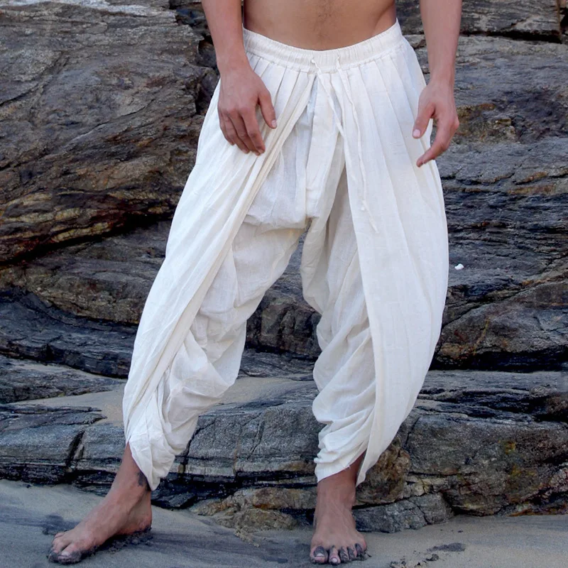 

2025 New Men's Casual Loose White Pleated Pants Vintage Fashion Hollow Drawstring Bound Men Pants New Ethnic Trendy Beach Pants