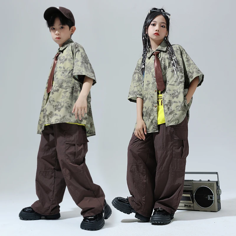 Camisa de manga corta con estampado Vintage para niños, pantalones Cargo para niñas, Hip Hop, conjunto de ropa para niños, ropa de calle de Jazz