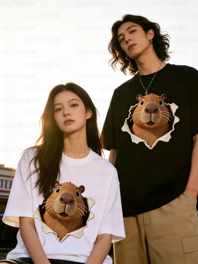 ZAZOMDE Animal Print Cotton Short Sleeve Tshirt With Adorable Capybara Peeking Design Oversized Unisex Tee Casual Streetwear