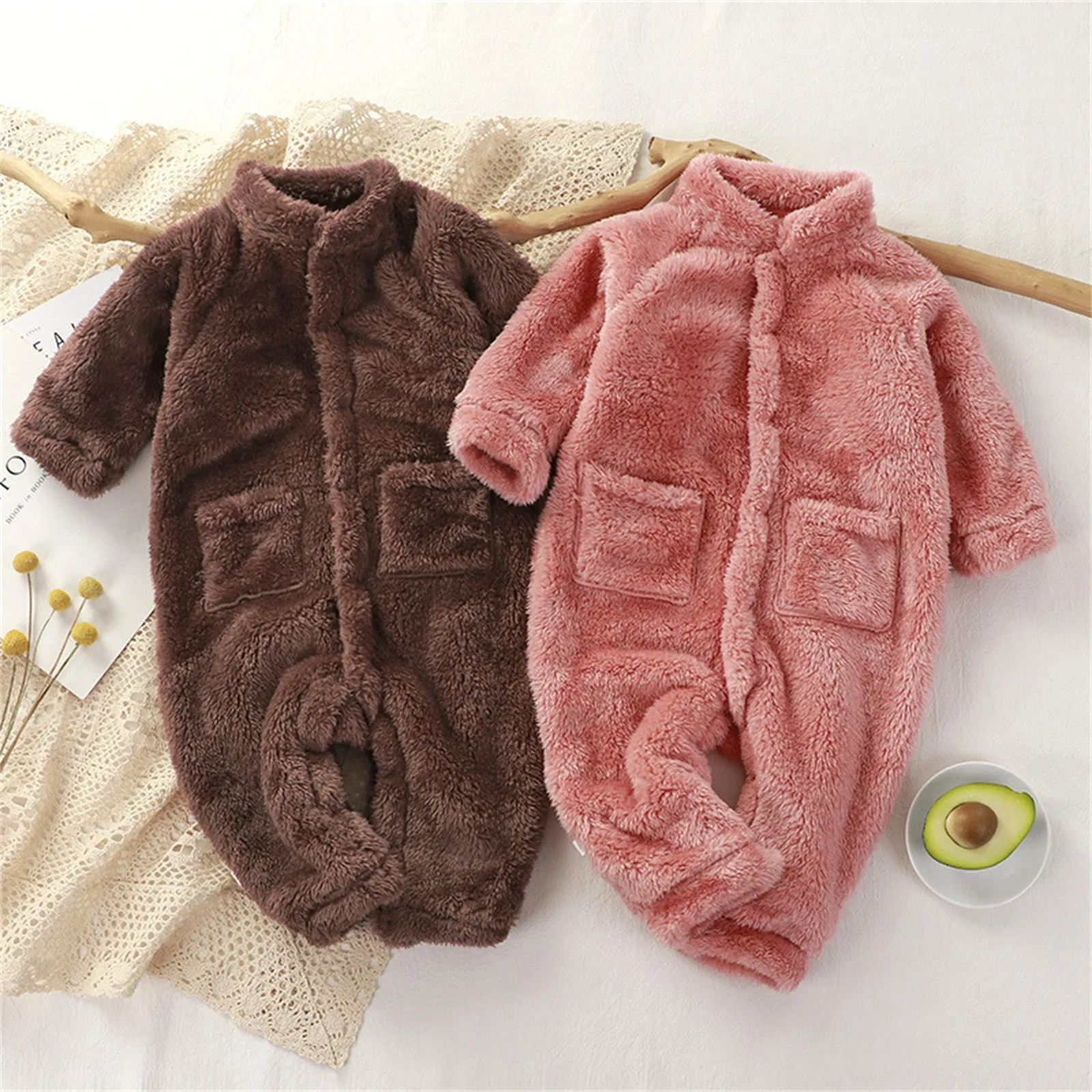 Fleece Toddler Romper for Girls Boys Soft Warm Newborn Clothes Infant Overalls with Pockets 2024 New Baby Winter Jumpsuits