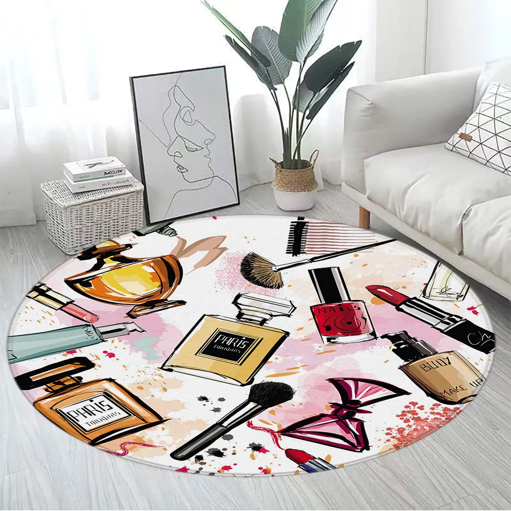 Pink Floral Perfume Round Carpet Fashion Magazine Black and White Stripe Home Rugs Living Room Decor Girls Bedroom Rug Floor Mat