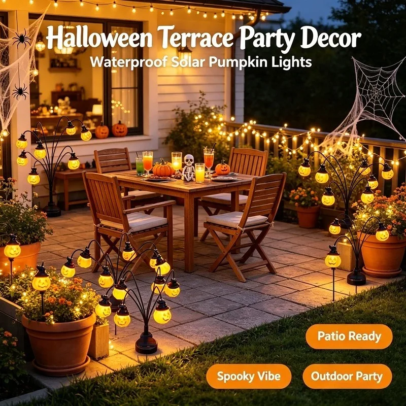 Waterproof Solar Pumpkin Lights Outdoor, Halloween Ghost Garden Lamp, Orange Decorative Lights for Yard Patio Holiday