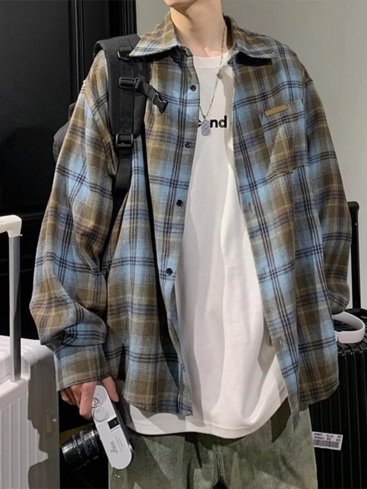 

Loose Plaid Long Sve Men's irt Vintage American Sle y Workwear Jaet Trendy Brand Youth Faion Spring Autumn W...