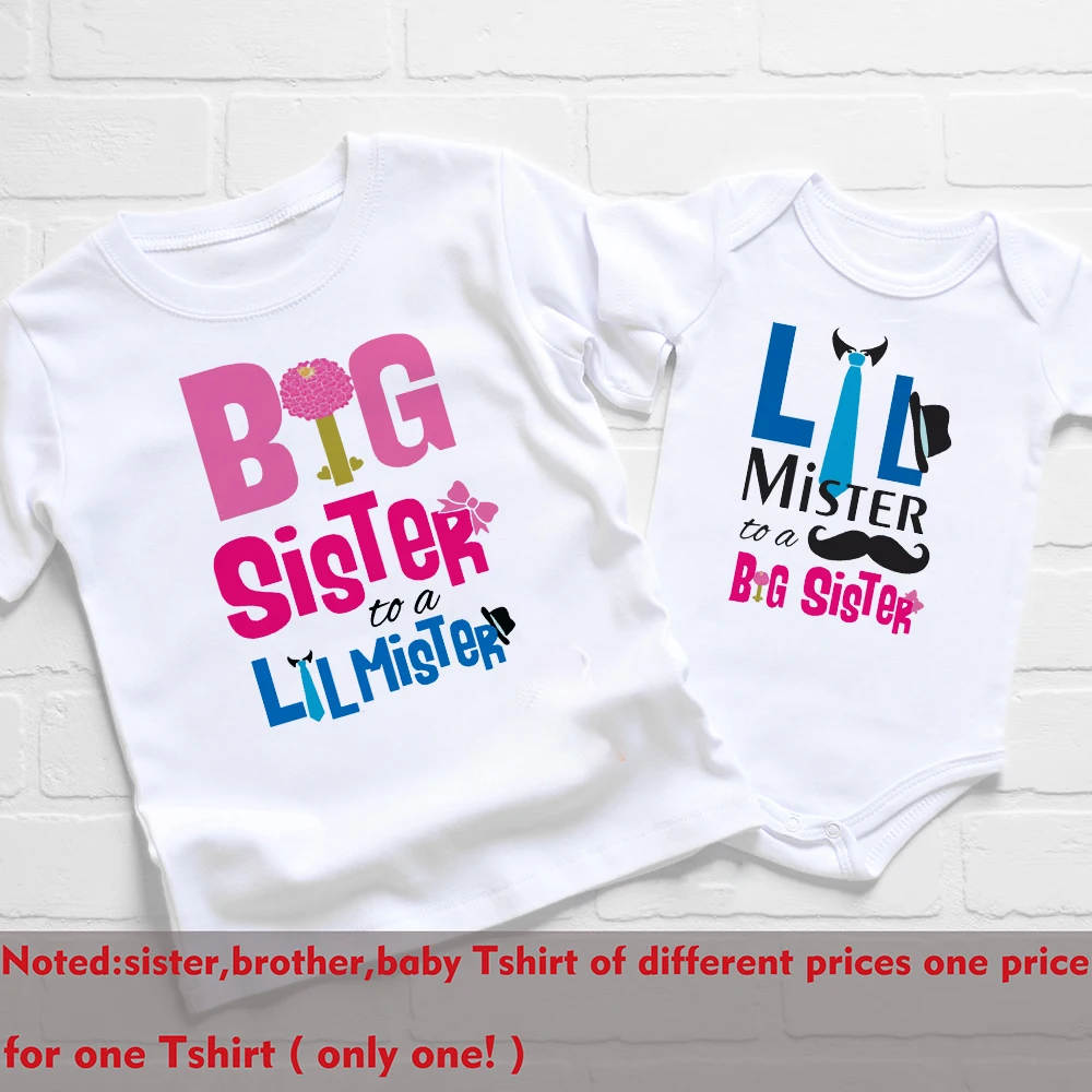 Big Sister To A Little Mister Print Family Matching Shirt Sister & Brother Sibling Outfit Kid Short Sleeve T-shirt Baby Bodysuit