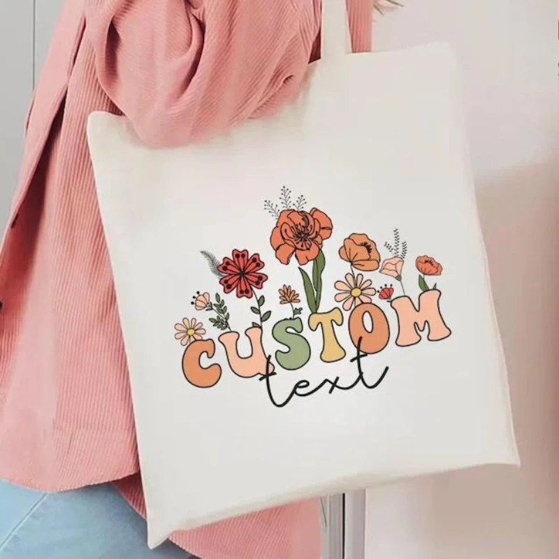 Personalized Custom Tote Bag Women Floral Flower Print Shoulder Bag Reusable Shopping Bag Custom Text Everyday Gift