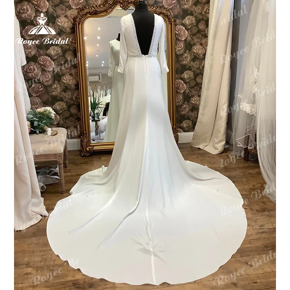 Roycebridal Long Sleeve Soft Satin Wedding Dress for Women Backless 2024 Bridal Gown vestido de noiva sereia