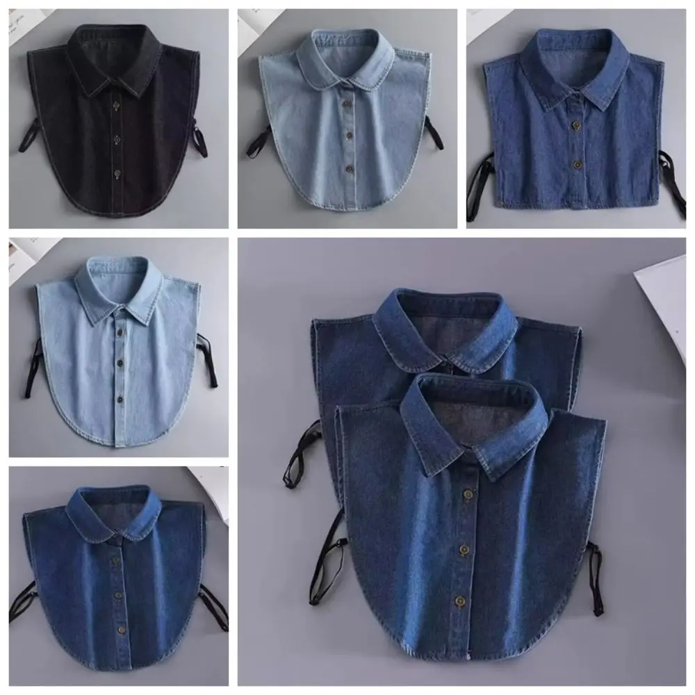 

NEW Cotton Denim Fake Collar Adjustable Straps Blue Women Fake Collar Lapel Buttons Clothes Accessories Detachable Collar Women