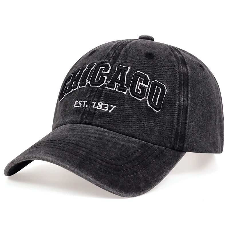 2024 New Korean Chicago Embroidery Baseball Cap for Men Women Vintage Wash Cowboy Hat for Women Casual Couple Outdoor Sport Cap