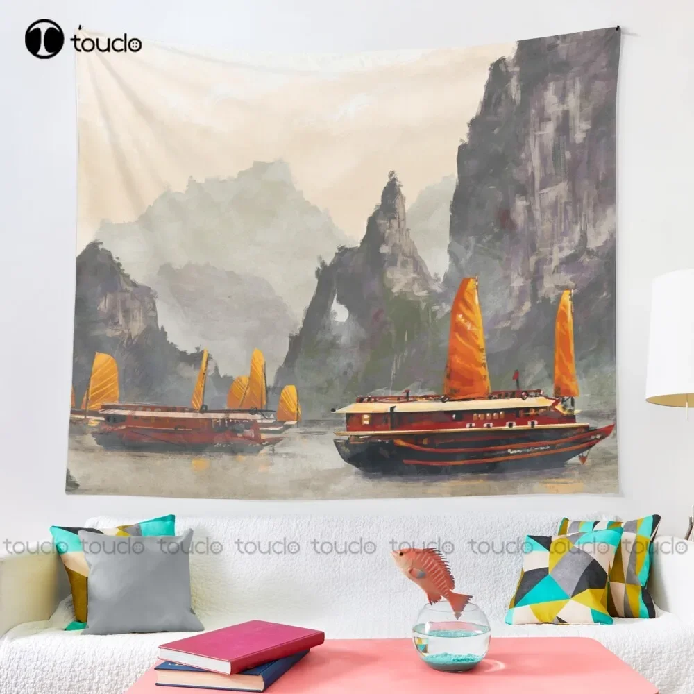 Ha Long Bay Landscape Beautiful Sunset Tapestry Large Wall Hanging Tapestry Blanket Tapestry Bedroom Bedspread Decoration