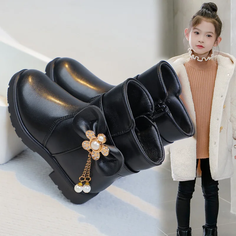 

Girls Casual Princess Boots with Sweet Bows Kids Short Boots Side Zipper 2025 Autumn Winter Children Leather Boots Round Toes