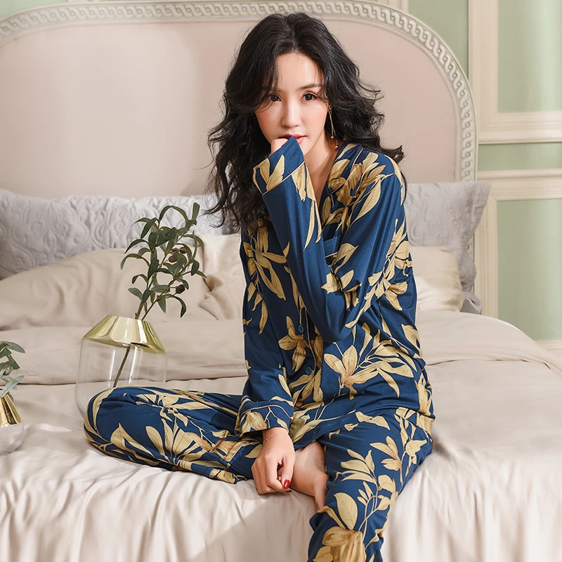 Elegante Bloemen Modale Pyjama 'S Voor Dames Groot Formaat Femme Pyjama Set Nachtkleding Loungewear All Seizoenen Lange Mouw Slaapkleding